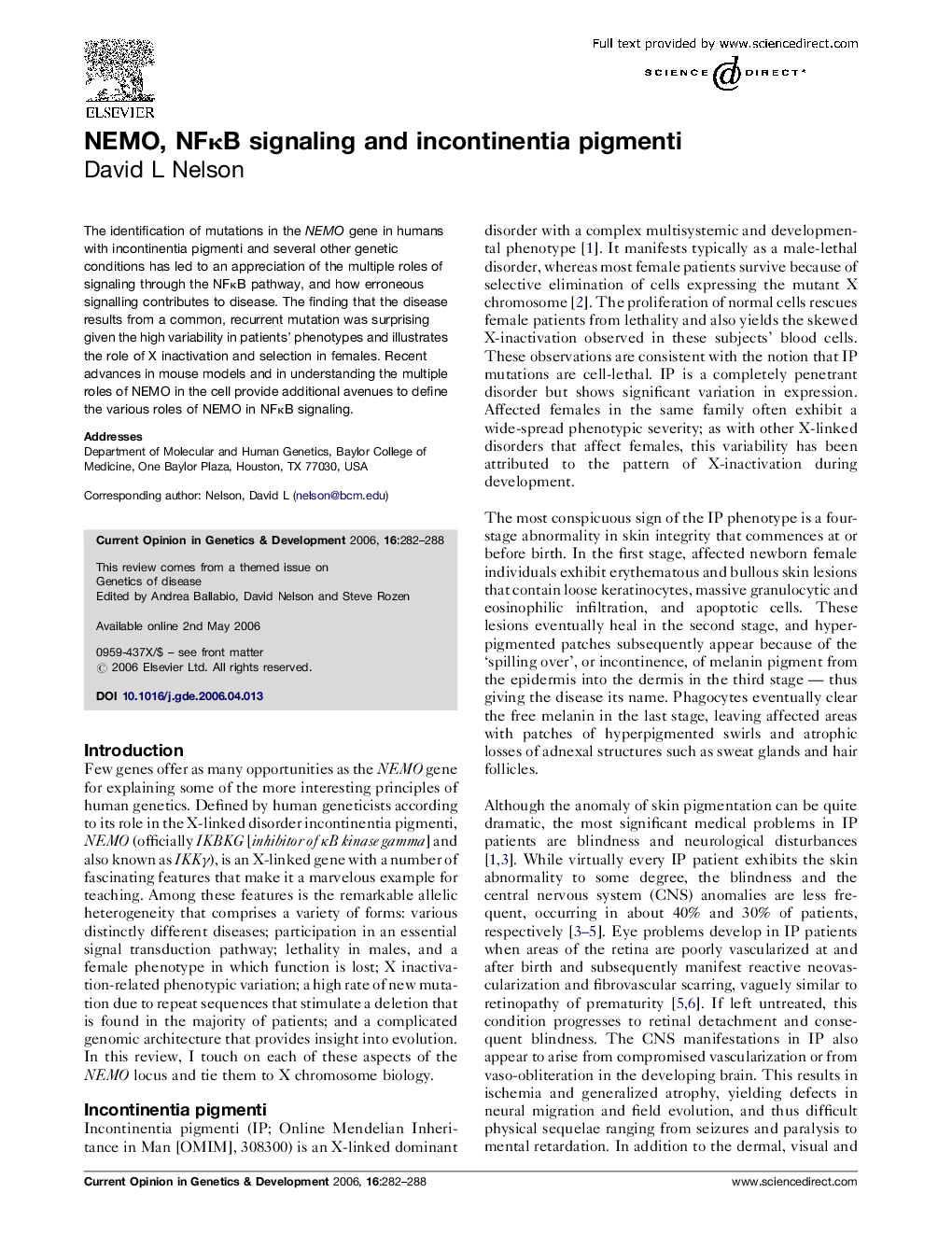 NEMO, NFκB signaling and incontinentia pigmenti