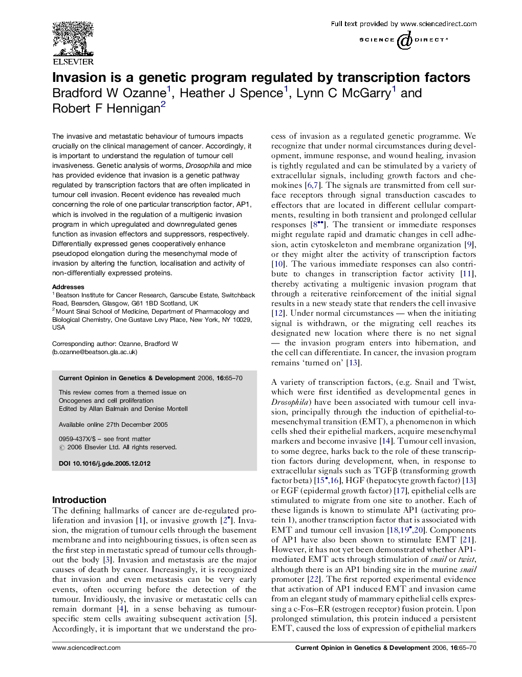 Invasion is a genetic program regulated by transcription factors