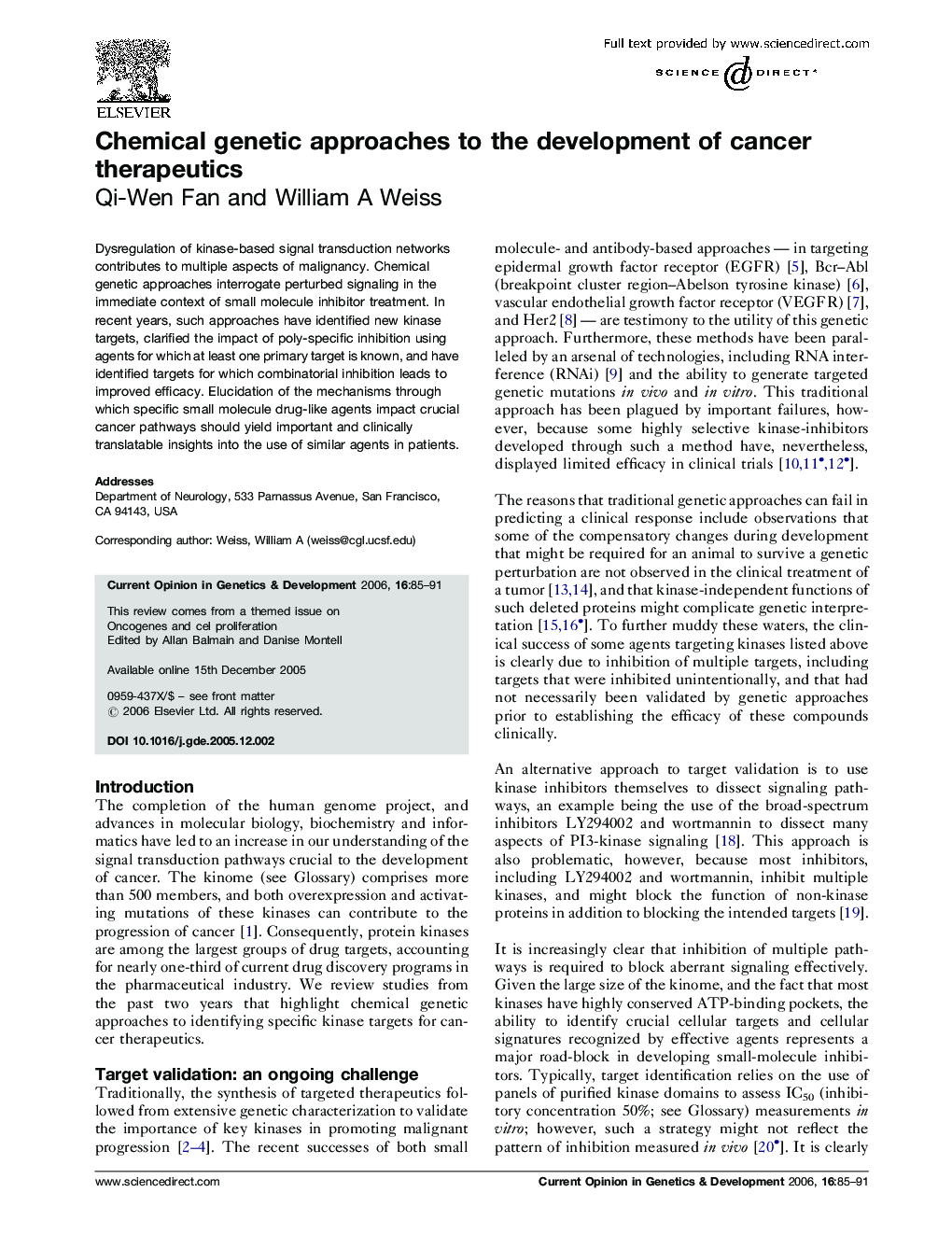 Chemical genetic approaches to the development of cancer therapeutics