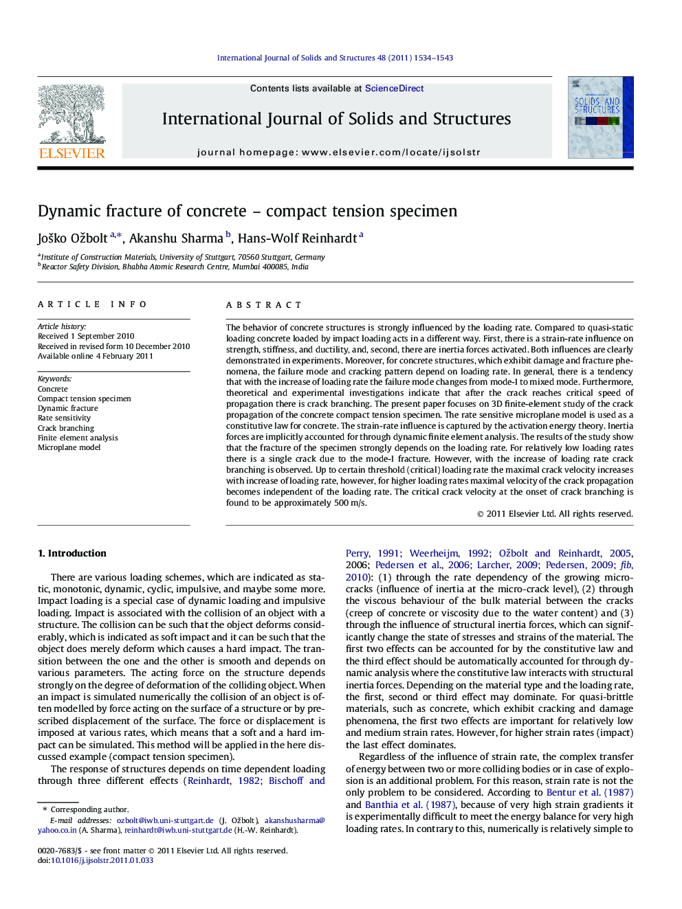 Dynamic fracture of concrete – compact tension specimen