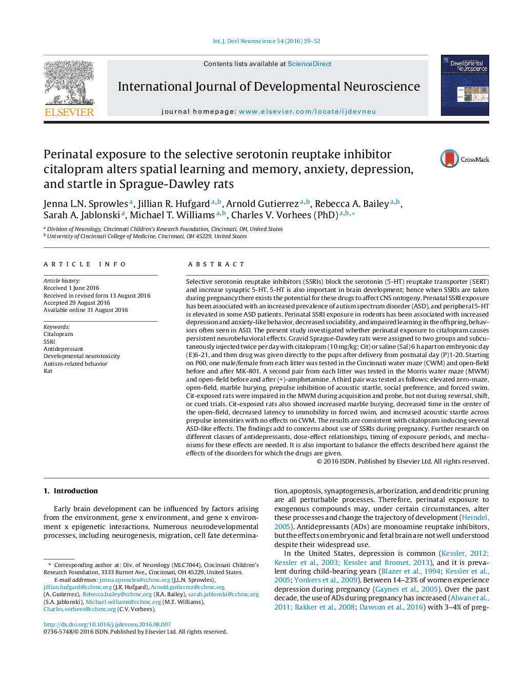 Perinatal exposure to the selective serotonin reuptake inhibitor citalopram alters spatial learning and memory, anxiety, depression, and startle in Sprague-Dawley rats