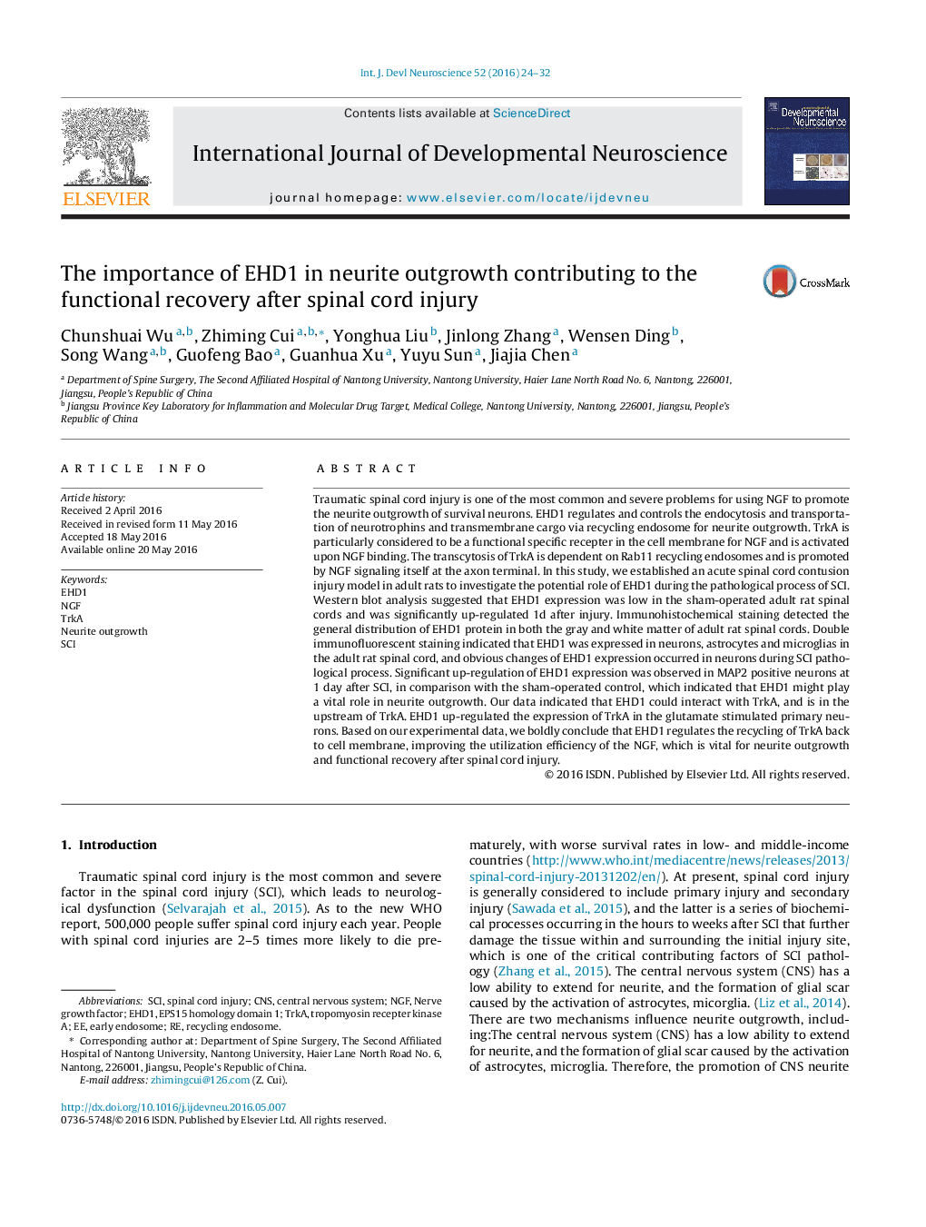 The importance of EHD1 in neurite outgrowth contributing to the functional recovery after spinal cord injury