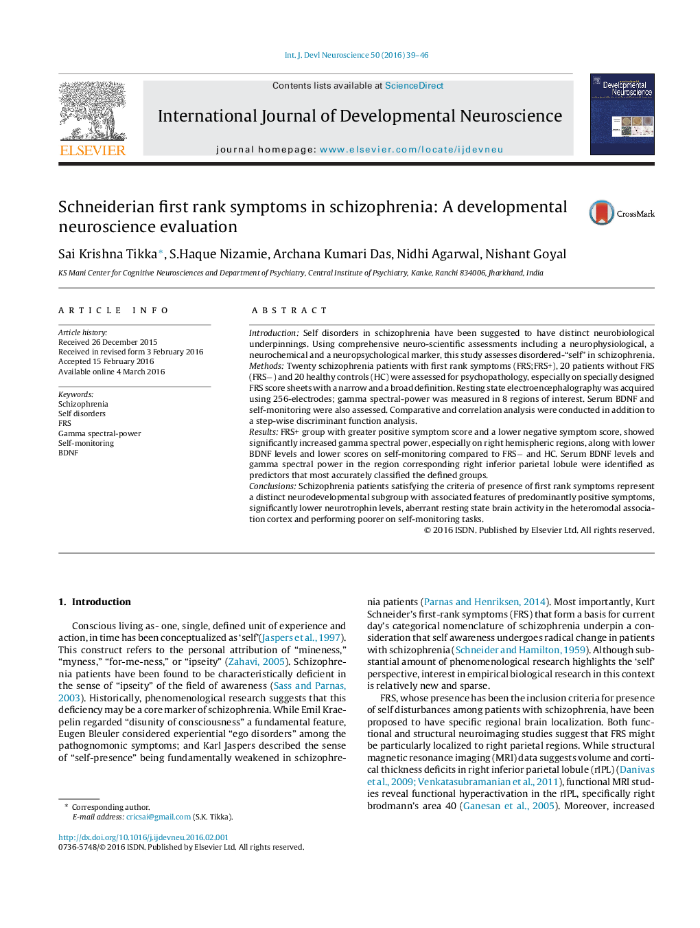 Schneiderian first rank symptoms in schizophrenia: A developmental neuroscience evaluation