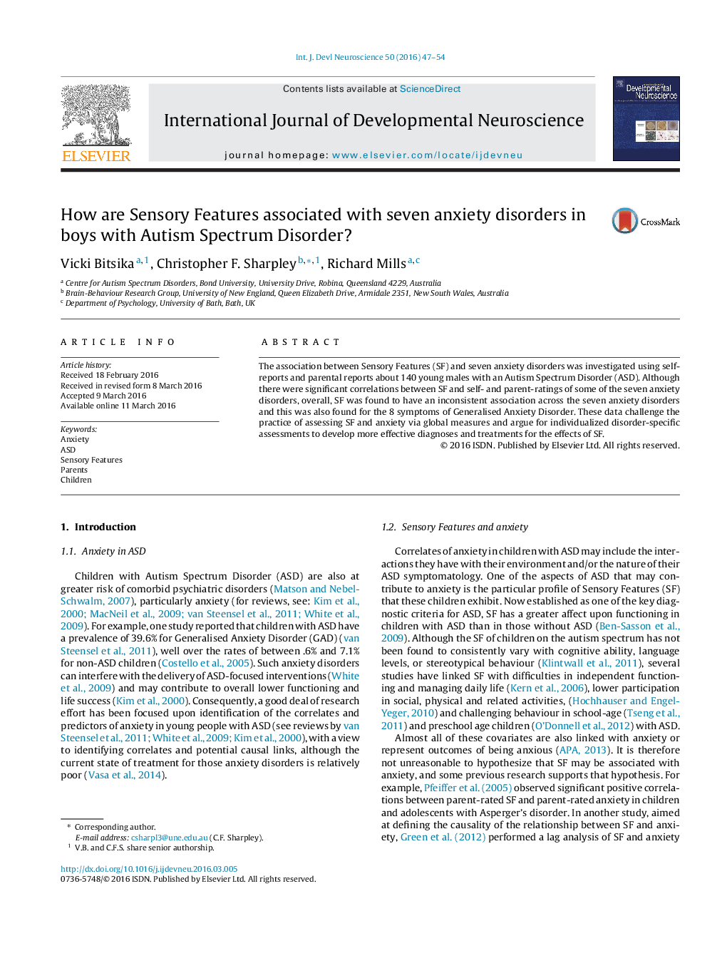 How are Sensory Features associated with seven anxiety disorders in boys with Autism Spectrum Disorder?