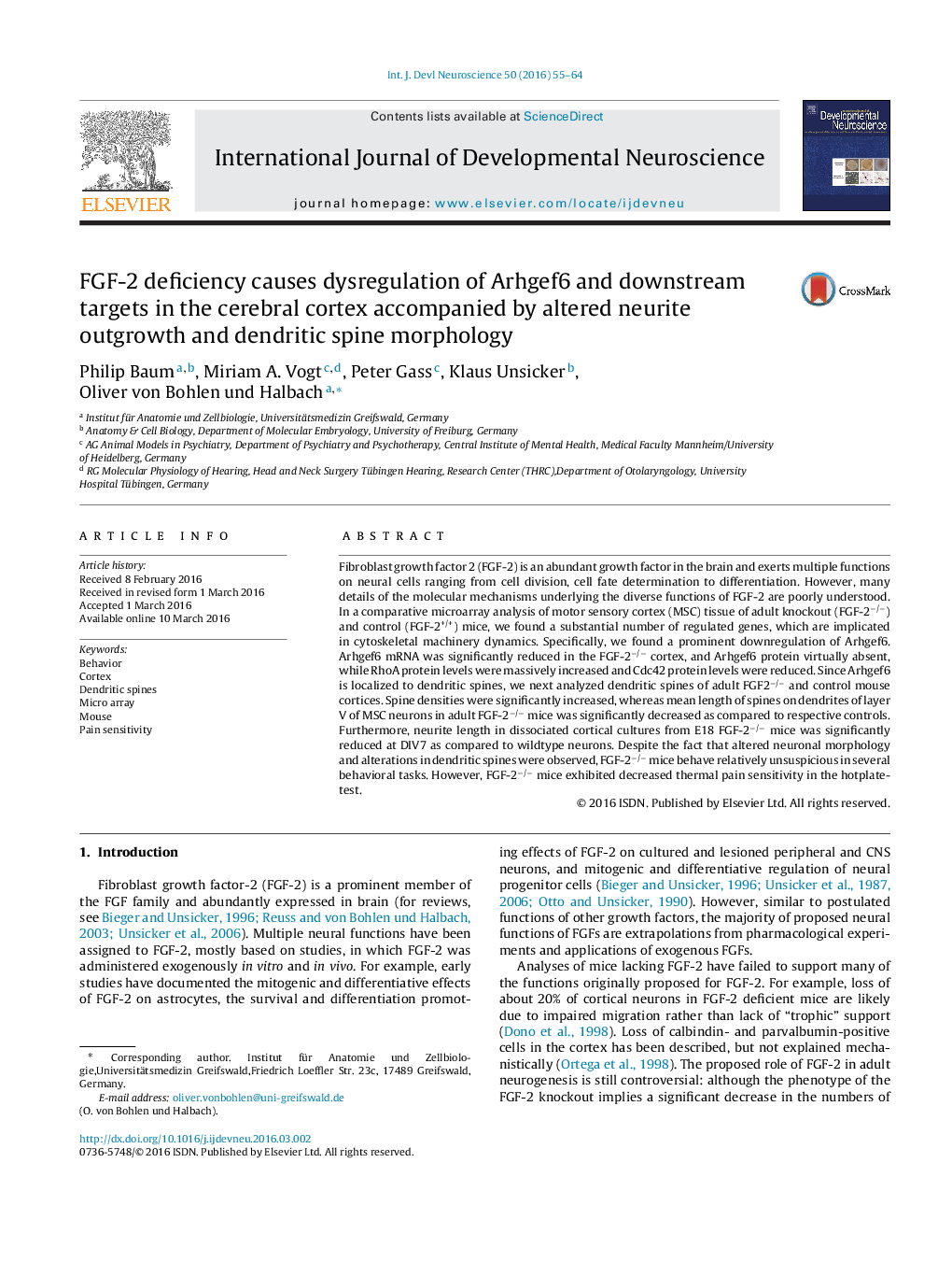 FGF-2 deficiency causes dysregulation of Arhgef6 and downstream targets in the cerebral cortex accompanied by altered neurite outgrowth and dendritic spine morphology