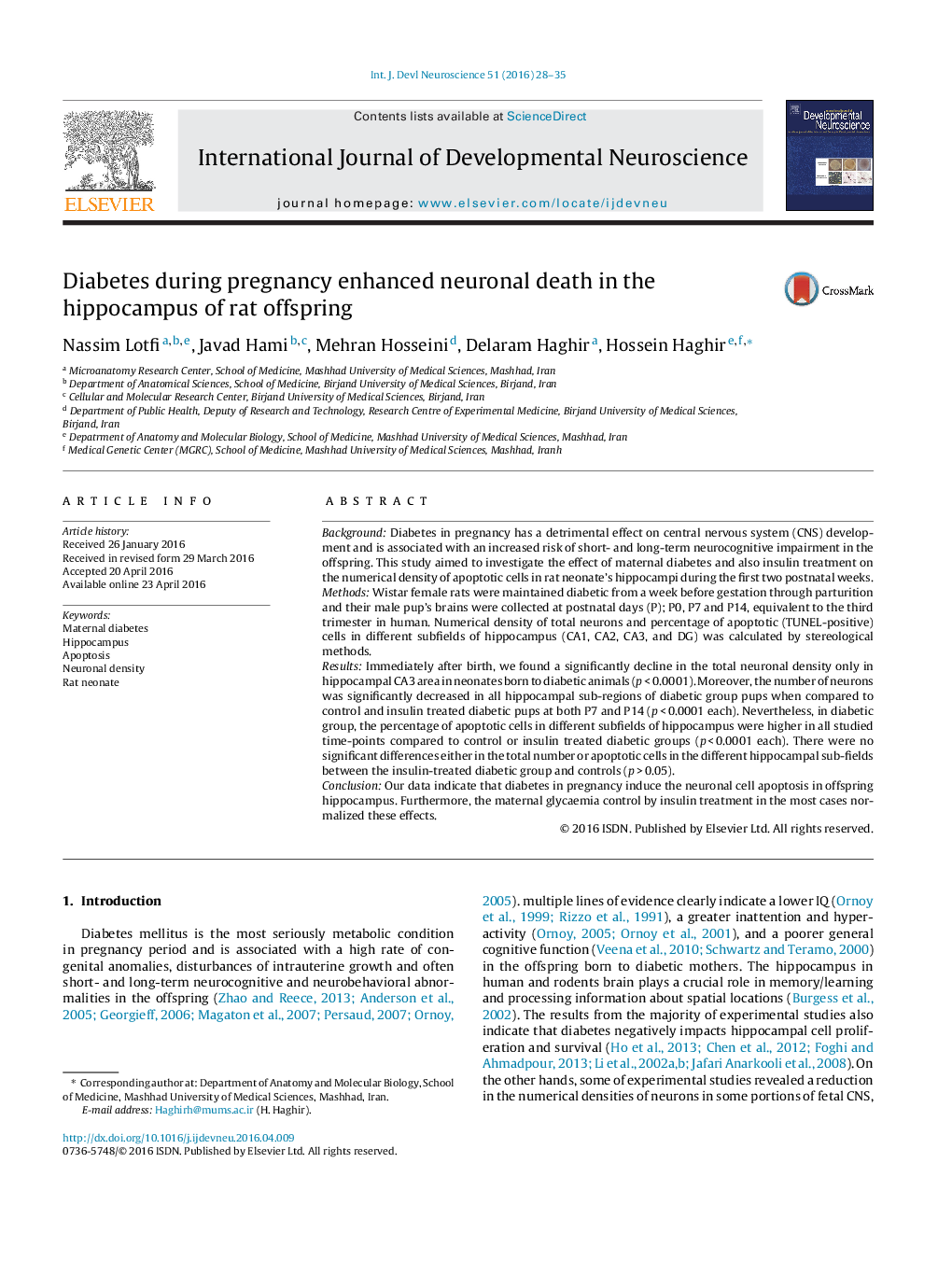 Diabetes during pregnancy enhanced neuronal death in the hippocampus of rat offspring