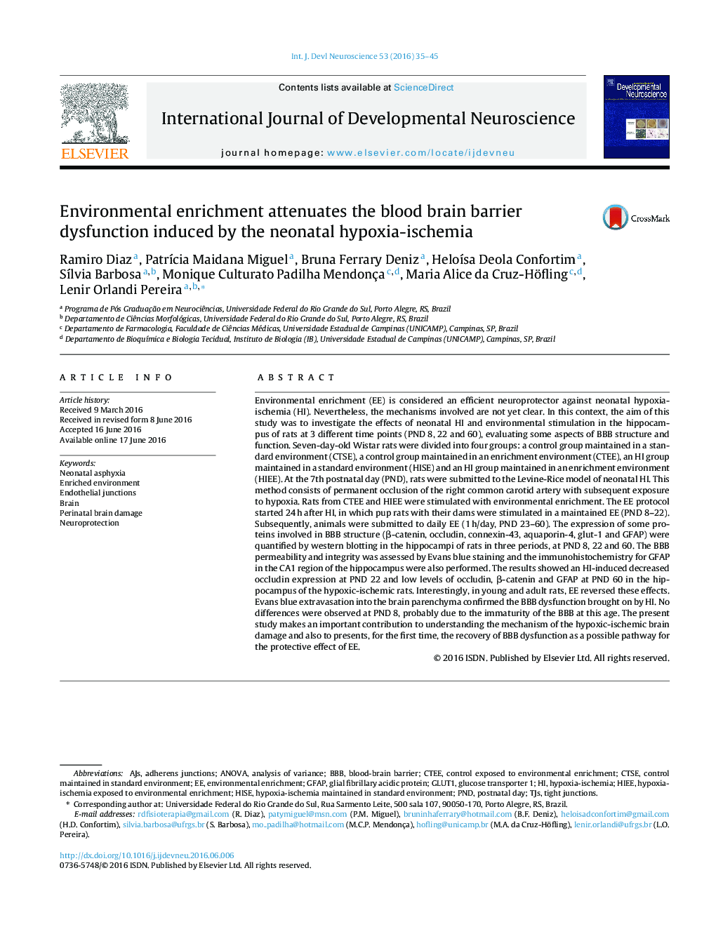 Environmental enrichment attenuates the blood brain barrier dysfunction induced by the neonatal hypoxia-ischemia