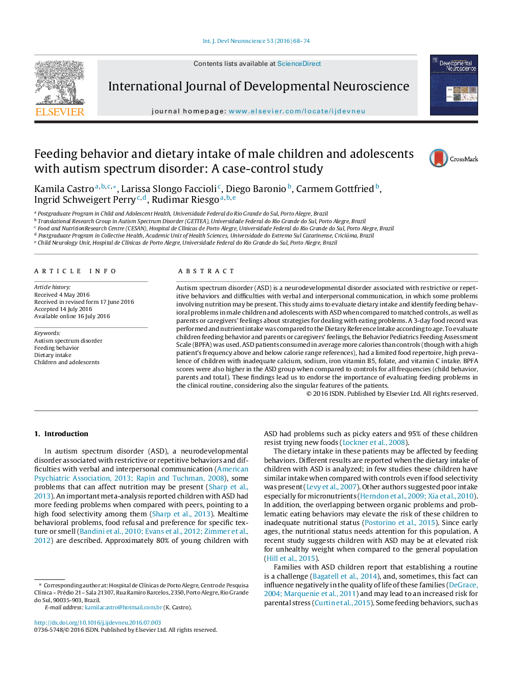 Feeding behavior and dietary intake of male children and adolescents with autism spectrum disorder: A case-control study