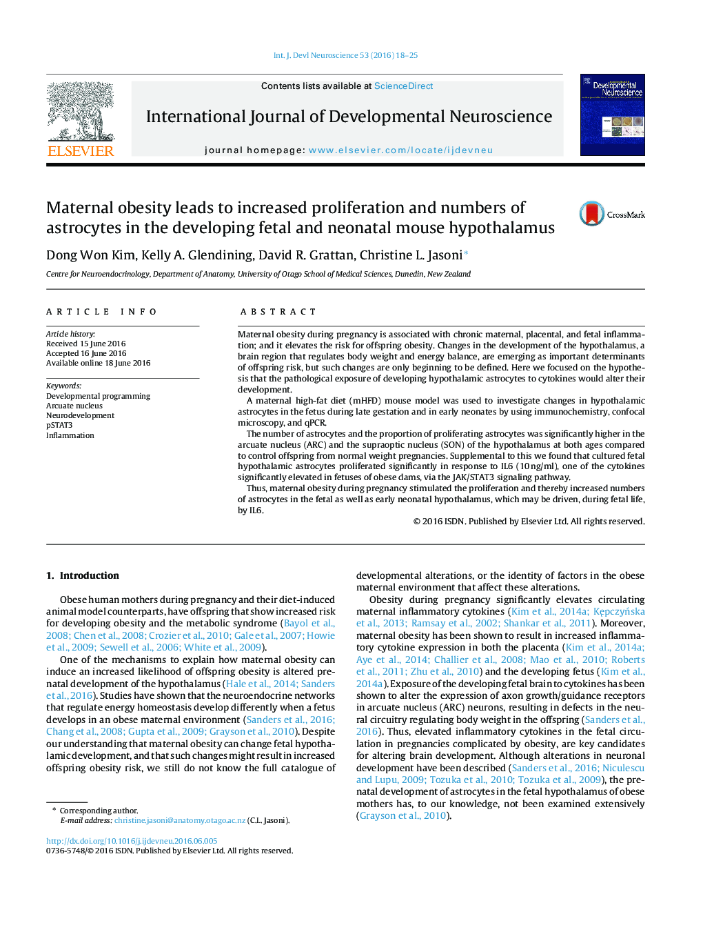 Maternal obesity leads to increased proliferation and numbers of astrocytes in the developing fetal and neonatal mouse hypothalamus