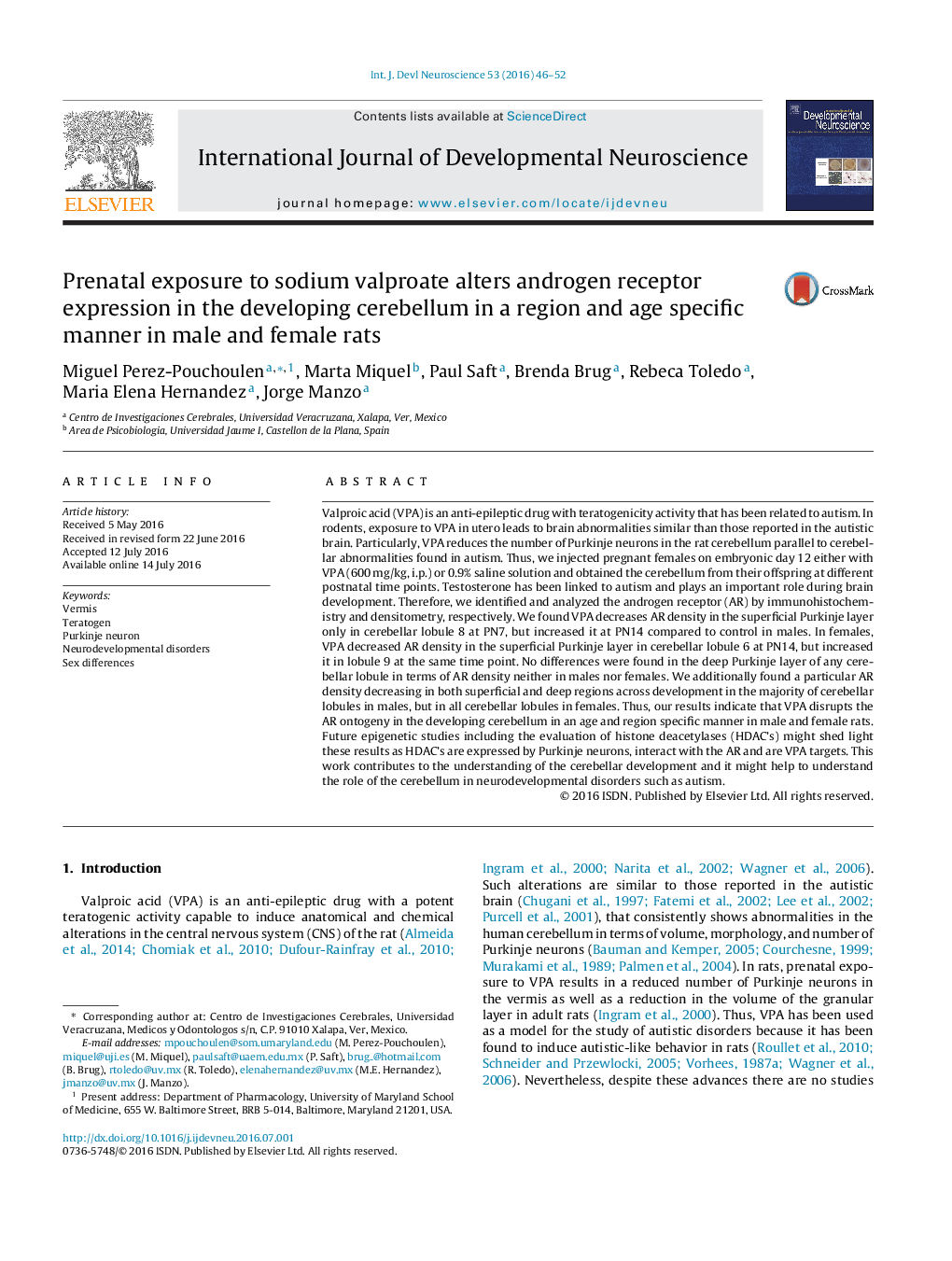 Prenatal exposure to sodium valproate alters androgen receptor expression in the developing cerebellum in a region and age specific manner in male and female rats