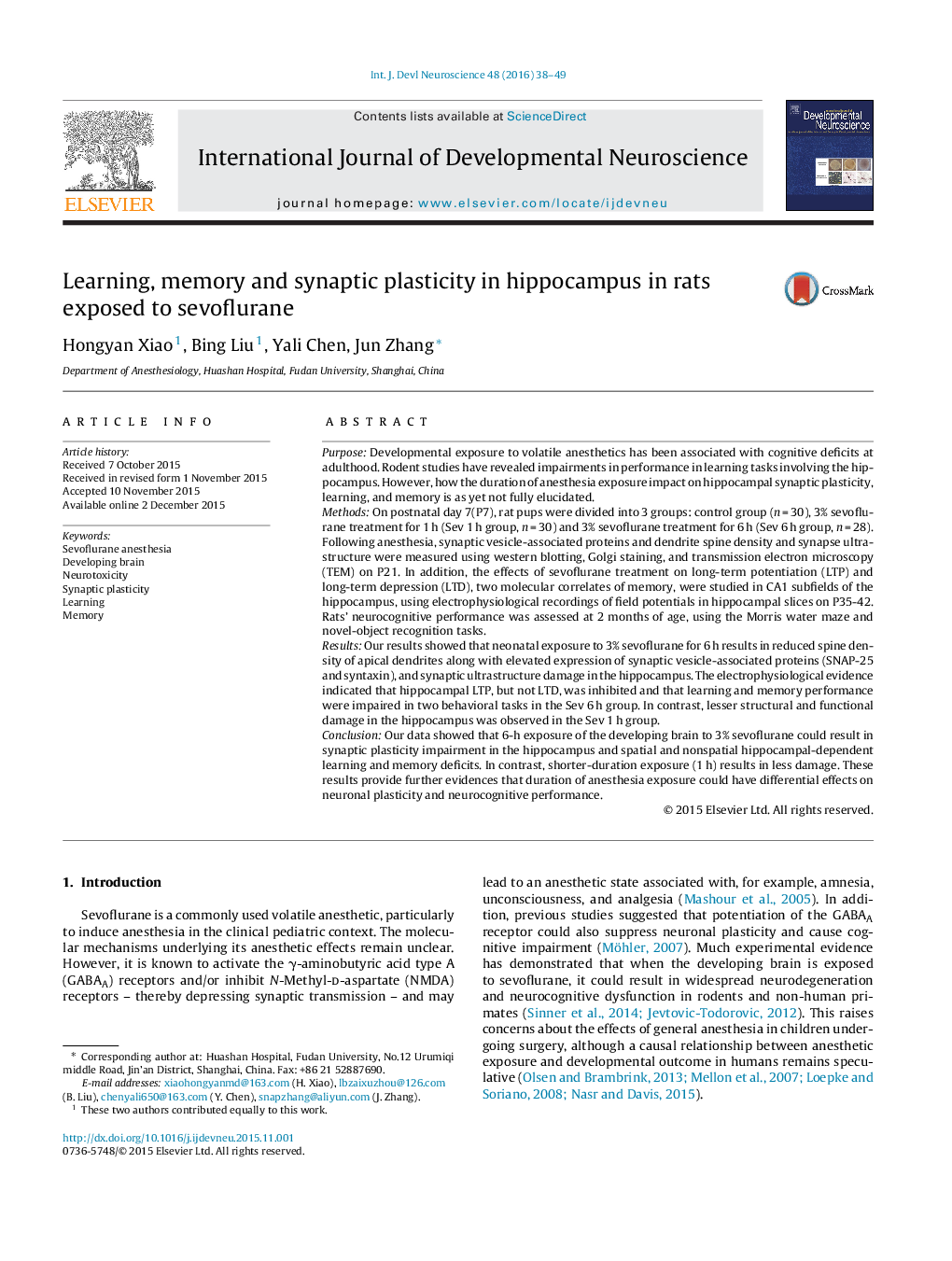 Learning, memory and synaptic plasticity in hippocampus in rats exposed to sevoflurane