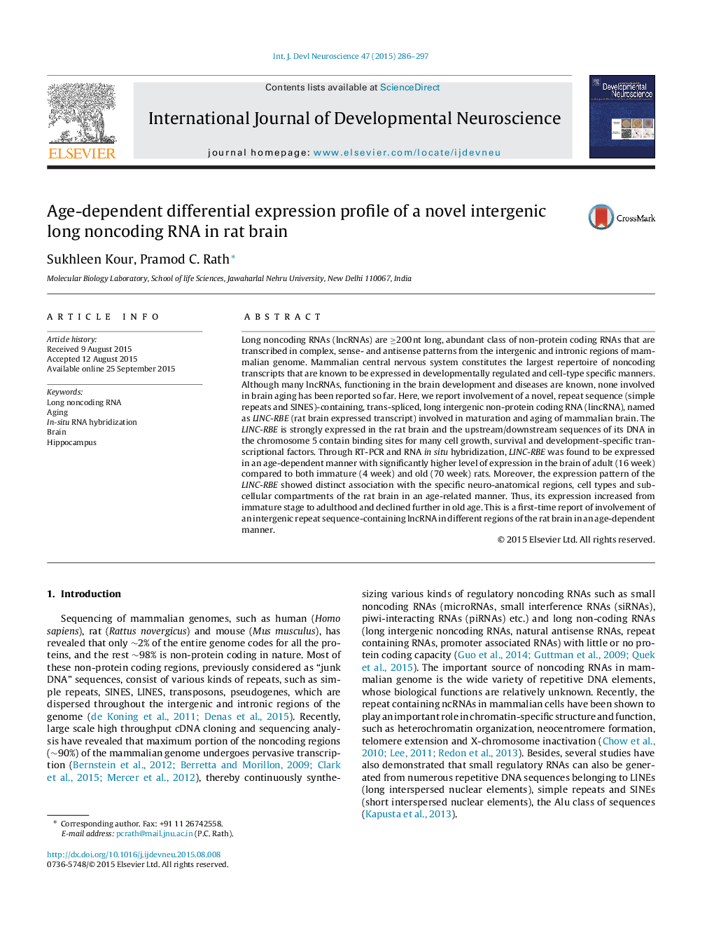 Age-dependent differential expression profile of a novel intergenic long noncoding RNA in rat brain