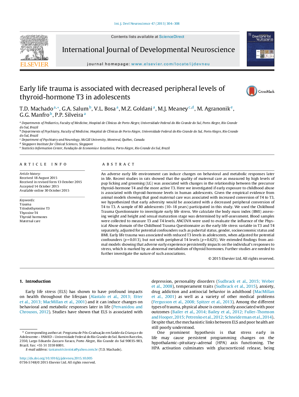 Early life trauma is associated with decreased peripheral levels of thyroid-hormone T3 in adolescents