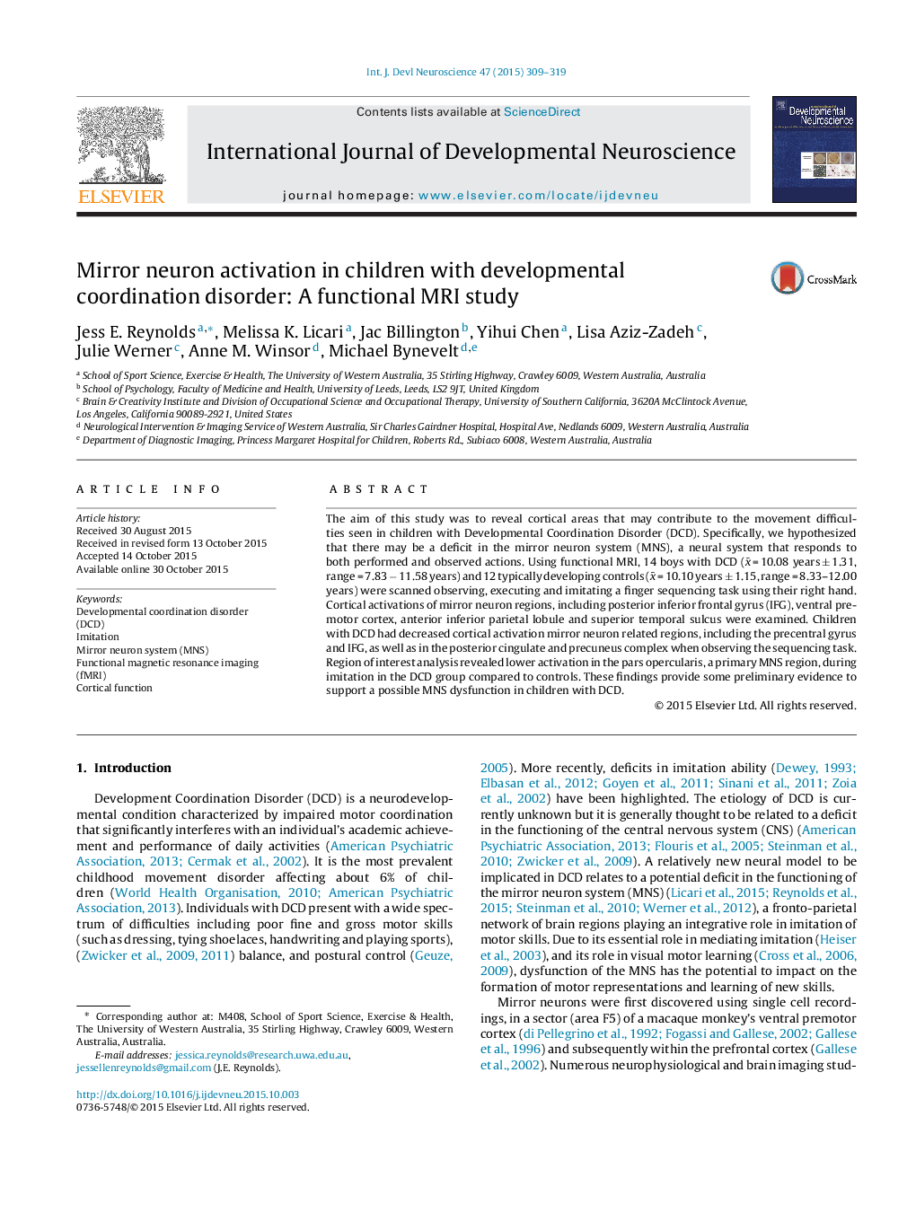 Mirror neuron activation in children with developmental coordination disorder: A functional MRI study