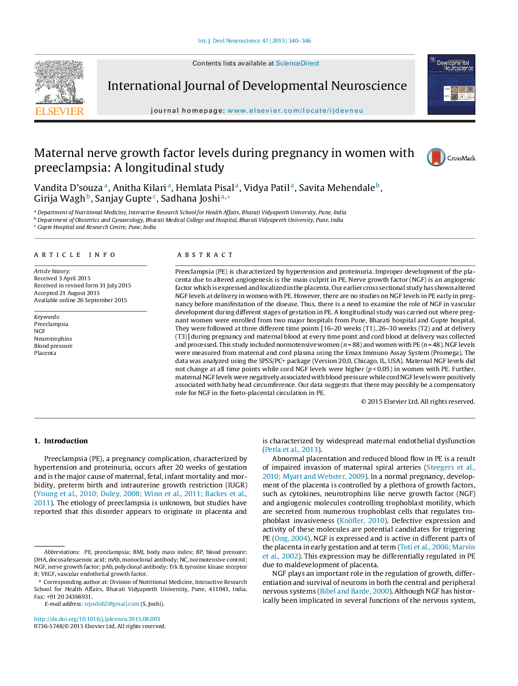 Maternal nerve growth factor levels during pregnancy in women with preeclampsia: A longitudinal study