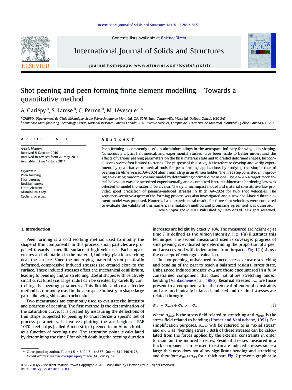 Shot peening and peen forming finite element modelling – Towards a quantitative method