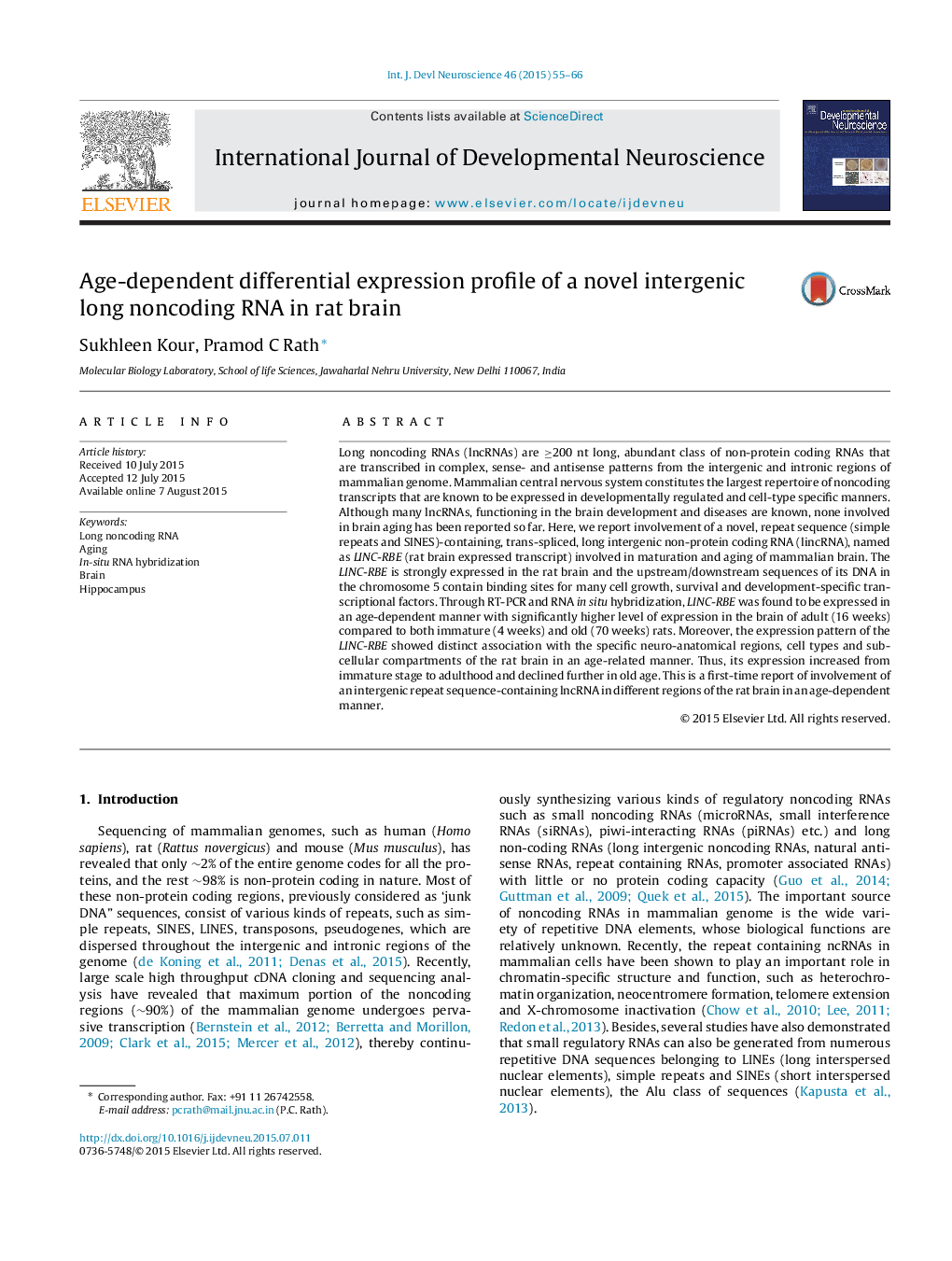 Age-dependent differential expression profile of a novel intergenic long noncoding RNA in rat brain