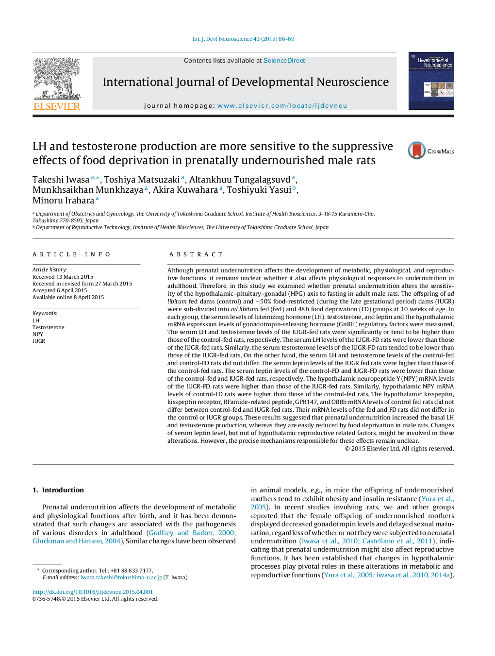 LH and testosterone production are more sensitive to the suppressive effects of food deprivation in prenatally undernourished male rats