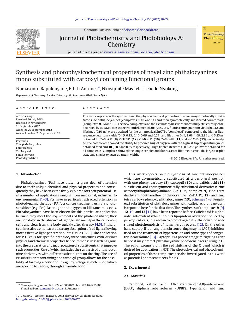 Synthesis and photophysicochemical properties of novel zinc phthalocyanines mono substituted with carboxyl containing functional groups