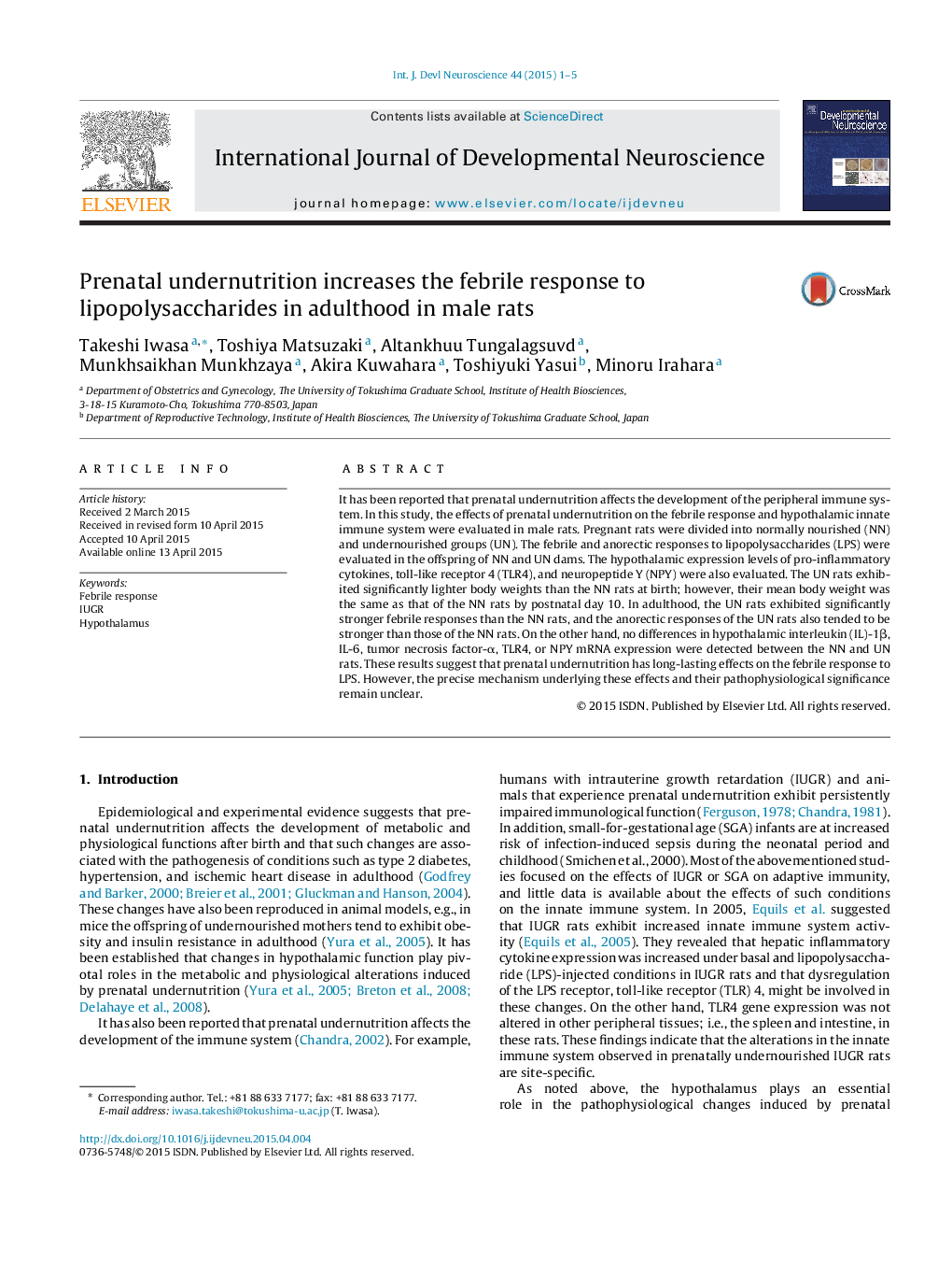 Prenatal undernutrition increases the febrile response to lipopolysaccharides in adulthood in male rats