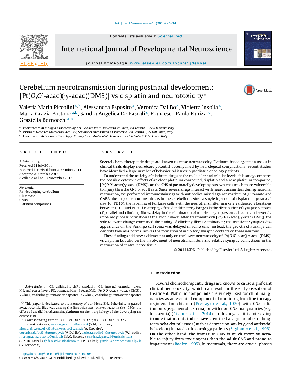 Cerebellum neurotransmission during postnatal development: [Pt(O,O′-acac)(γ-acac)(DMS)] vs cisplatin and neurotoxicity 