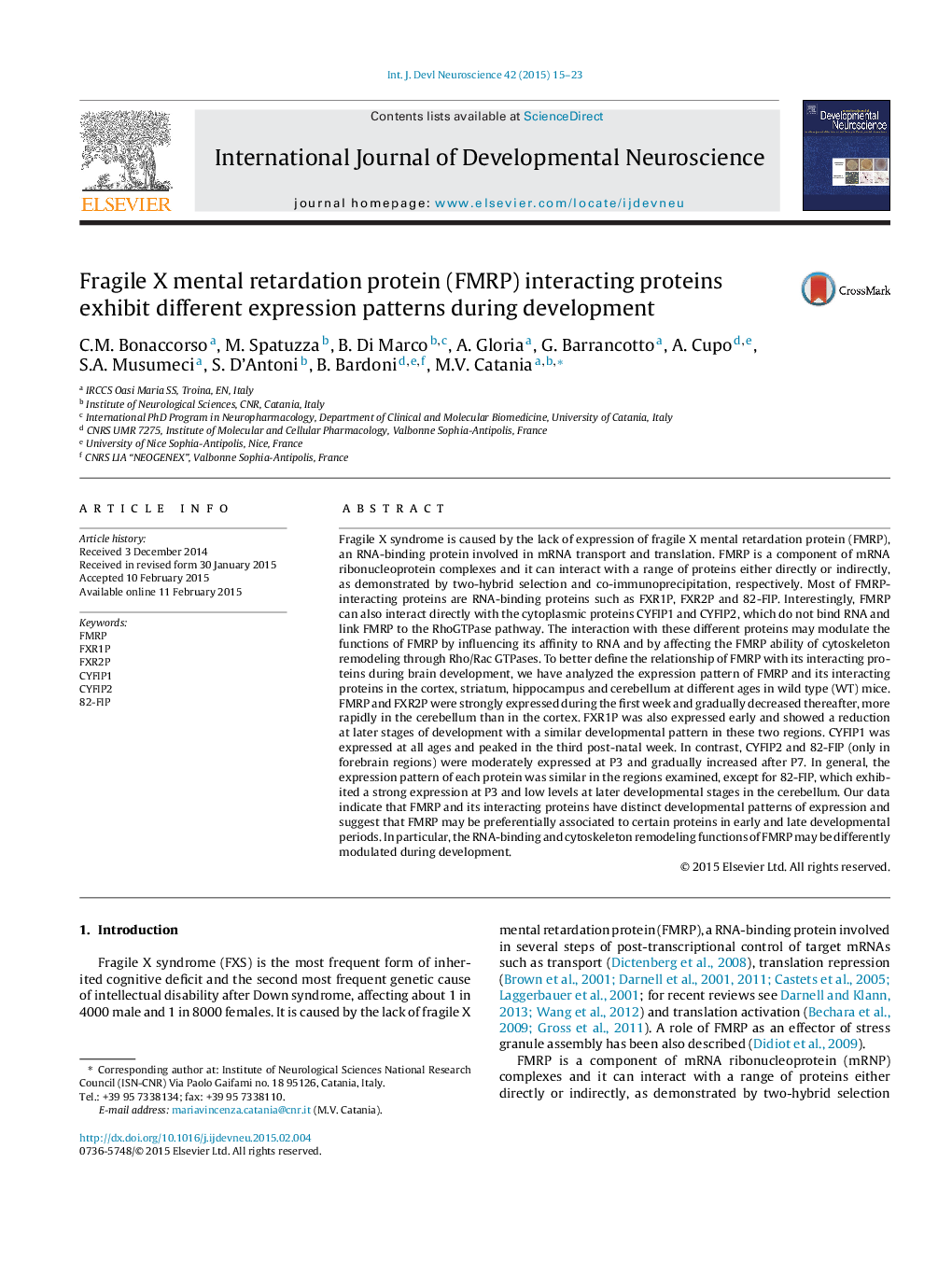 Fragile X mental retardation protein (FMRP) interacting proteins exhibit different expression patterns during development