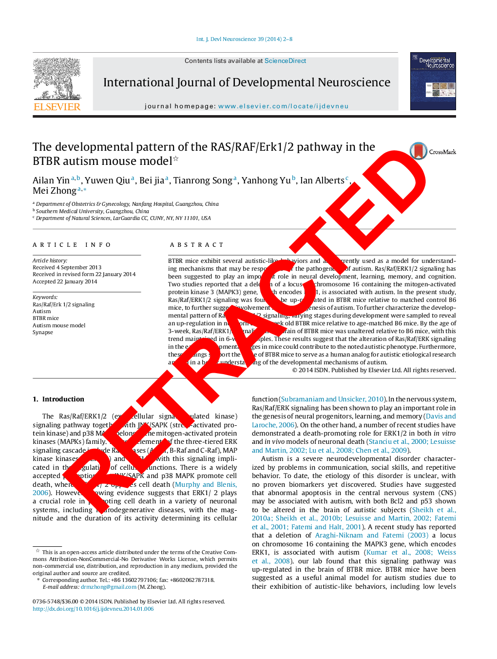 RETRACTED: The developmental pattern of the RAS/RAF/Erk1/2 pathway in the BTBR autism mouse model