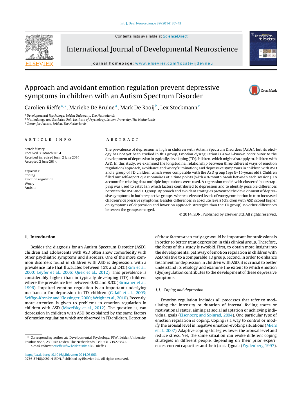 Approach and avoidant emotion regulation prevent depressive symptoms in children with an Autism Spectrum Disorder