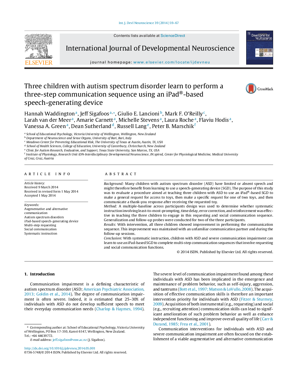 Three children with autism spectrum disorder learn to perform a three-step communication sequence using an iPad®-based speech-generating device