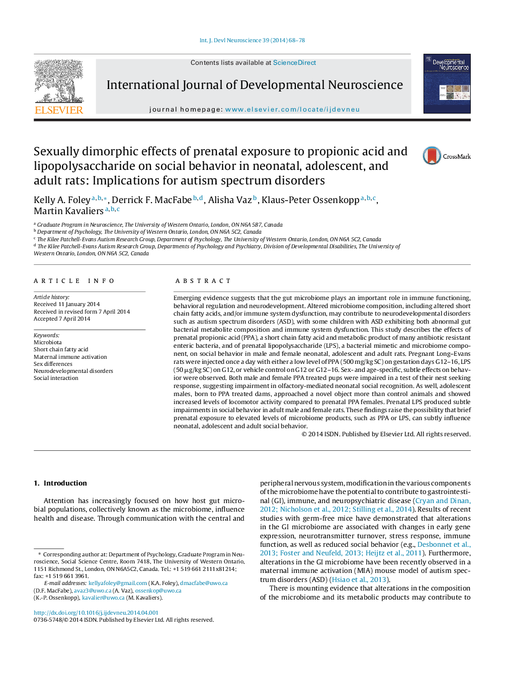 Sexually dimorphic effects of prenatal exposure to propionic acid and lipopolysaccharide on social behavior in neonatal, adolescent, and adult rats: Implications for autism spectrum disorders