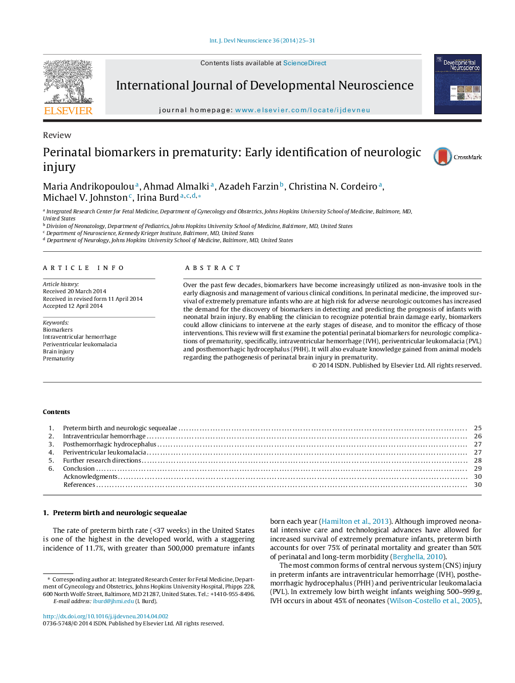 Perinatal biomarkers in prematurity: Early identification of neurologic injury