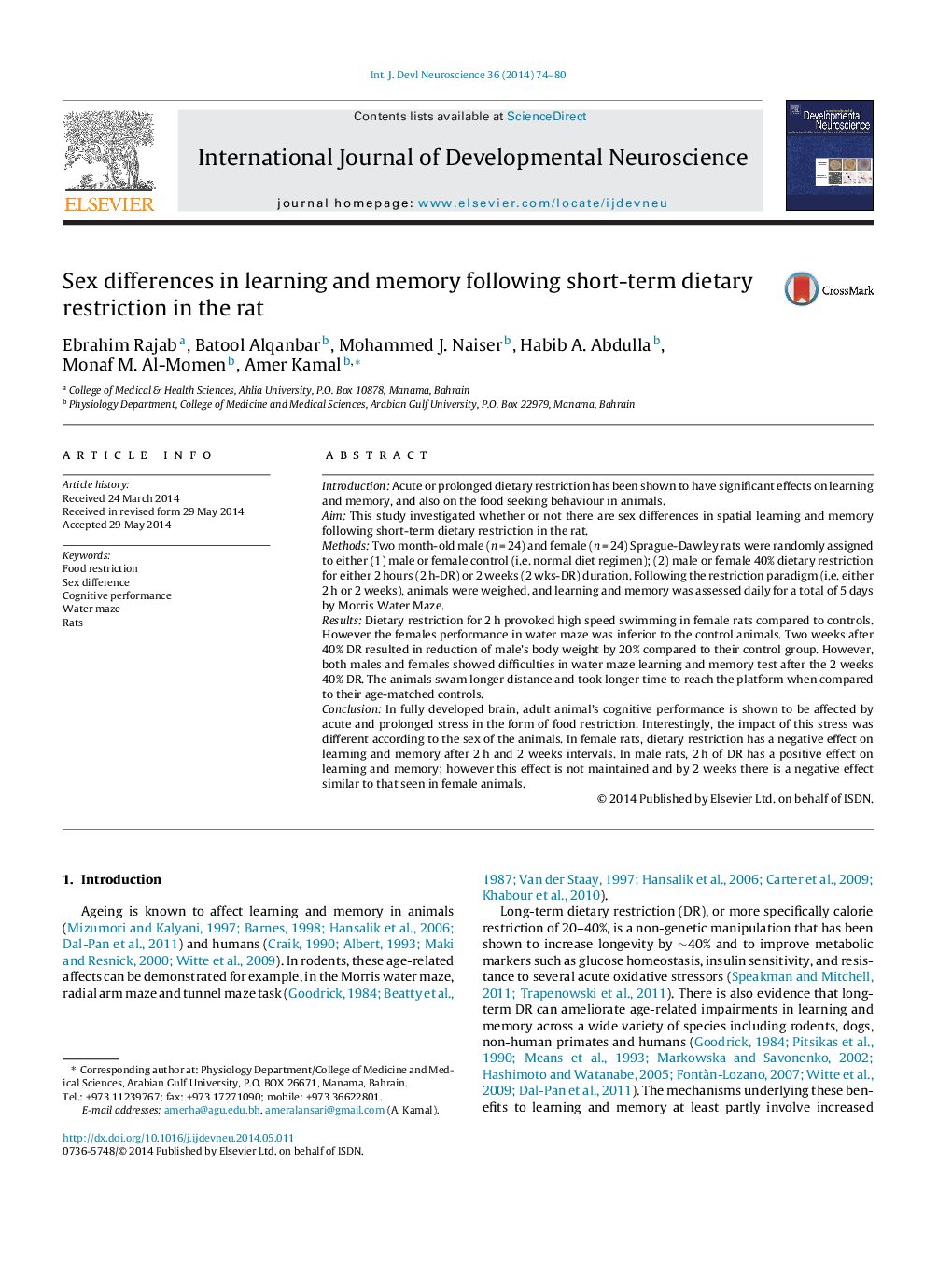 Sex differences in learning and memory following short-term dietary restriction in the rat