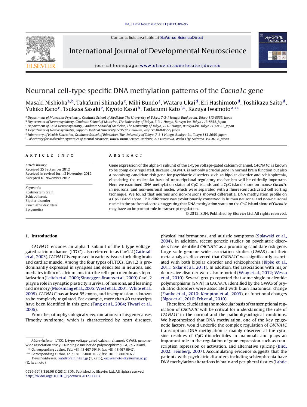 Neuronal cell-type specific DNA methylation patterns of the Cacna1c gene