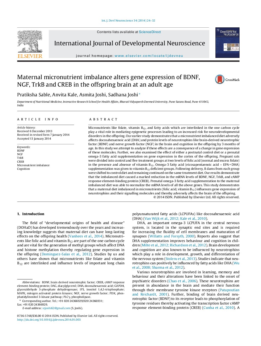 Maternal micronutrient imbalance alters gene expression of BDNF, NGF, TrkB and CREB in the offspring brain at an adult age