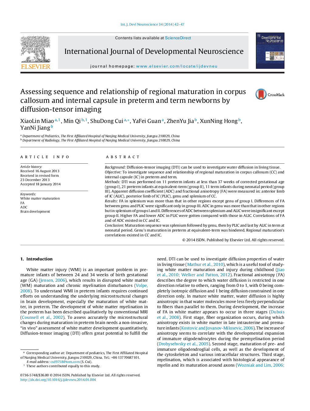 Assessing sequence and relationship of regional maturation in corpus callosum and internal capsule in preterm and term newborns by diffusion-tensor imaging