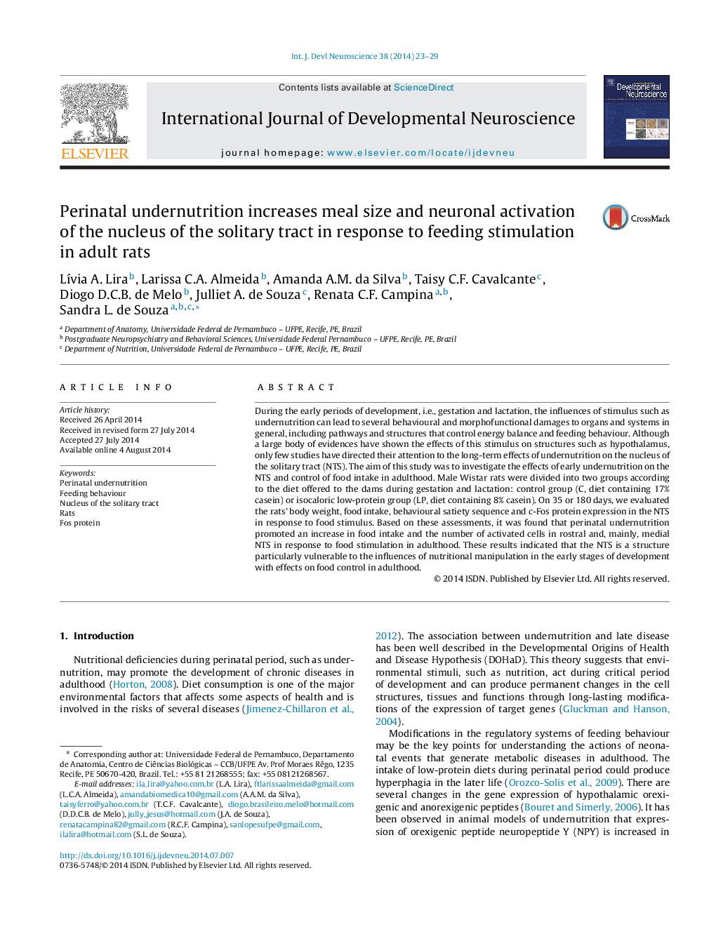 Perinatal undernutrition increases meal size and neuronal activation of the nucleus of the solitary tract in response to feeding stimulation in adult rats