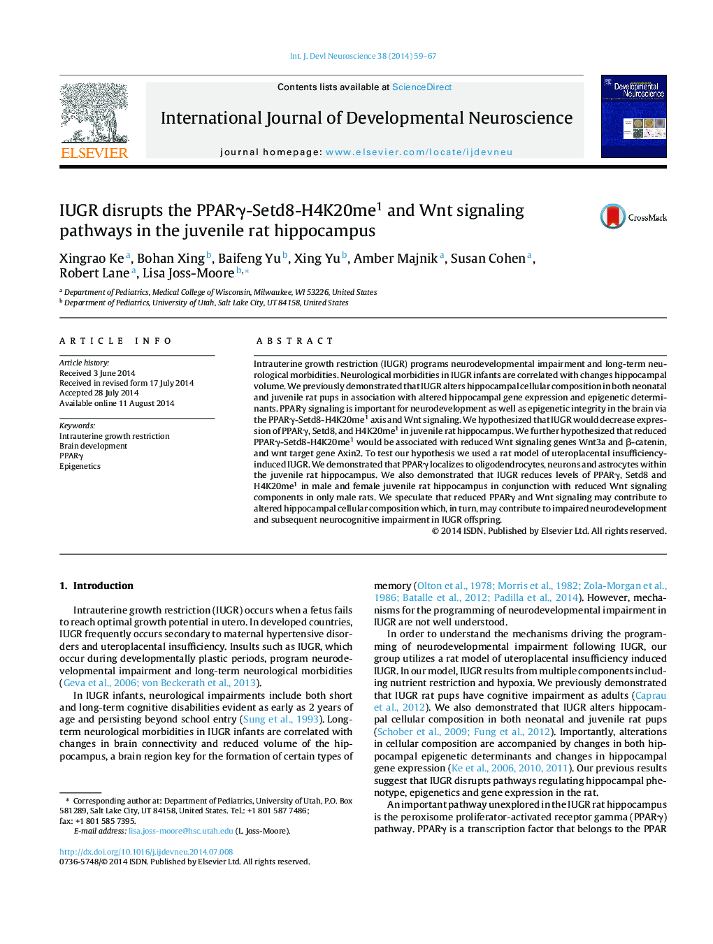 IUGR disrupts the PPARγ-Setd8-H4K20me1 and Wnt signaling pathways in the juvenile rat hippocampus