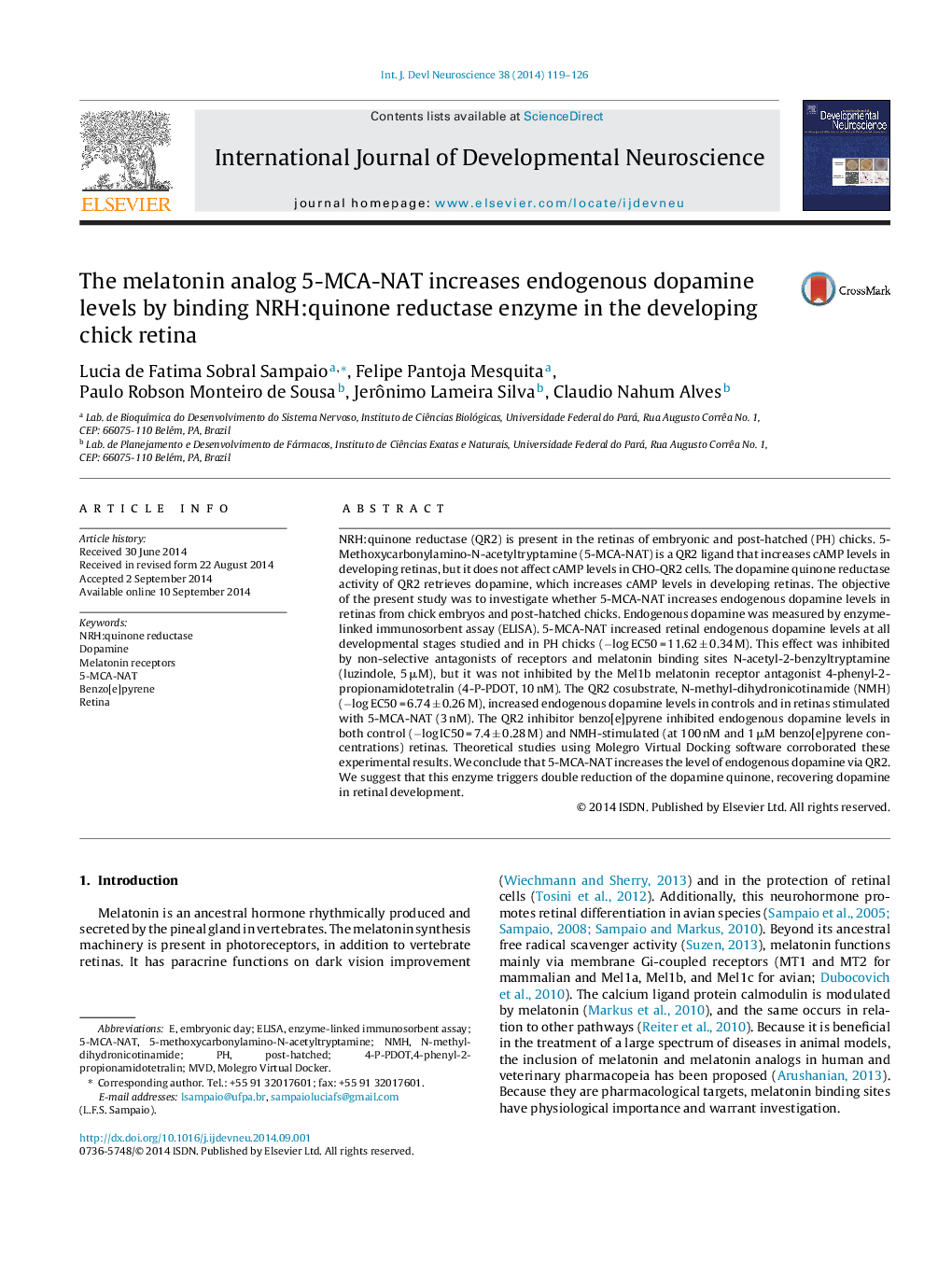 The melatonin analog 5-MCA-NAT increases endogenous dopamine levels by binding NRH:quinone reductase enzyme in the developing chick retina