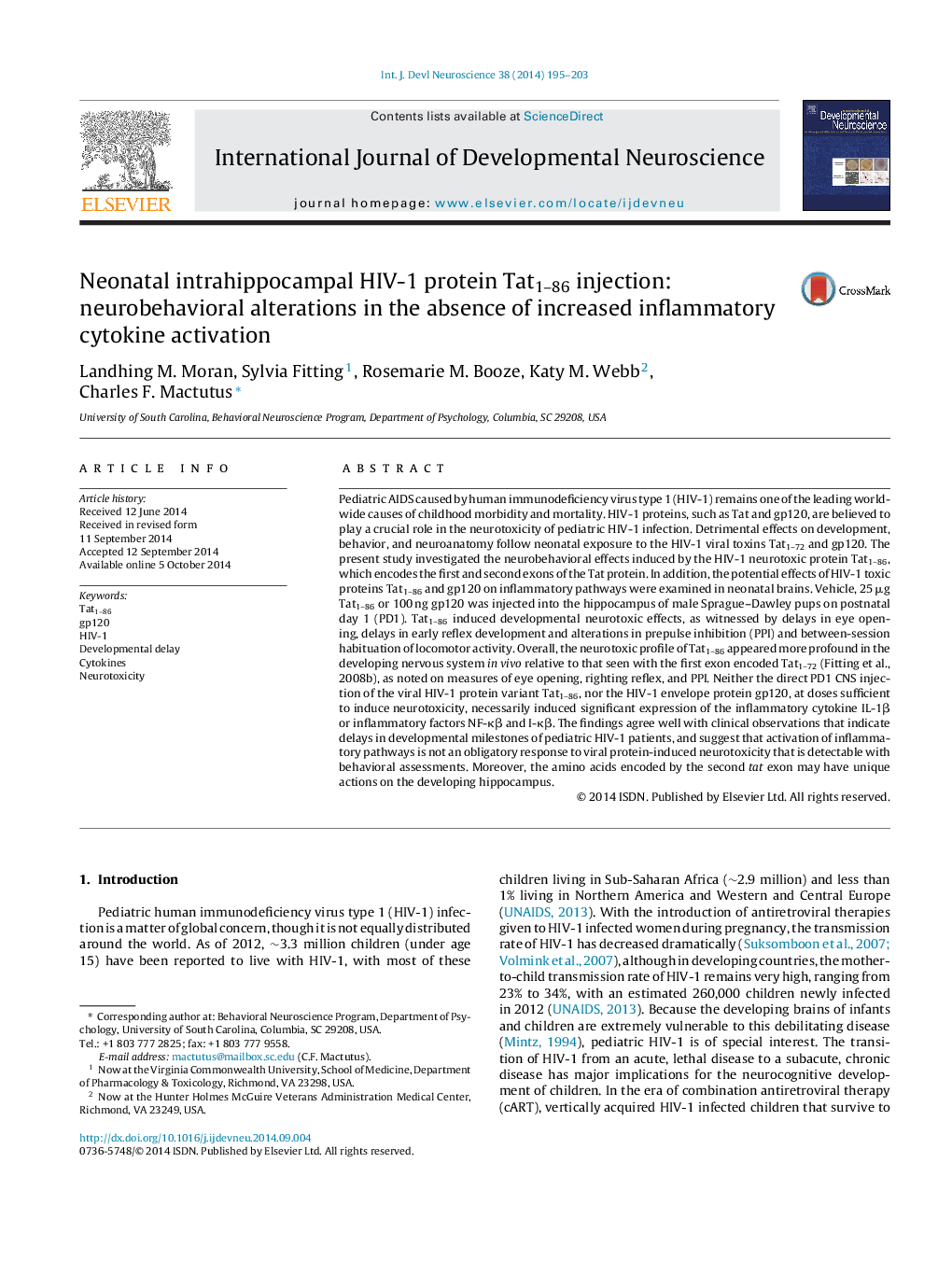 Neonatal intrahippocampal HIV-1 protein Tat1–86 injection: neurobehavioral alterations in the absence of increased inflammatory cytokine activation