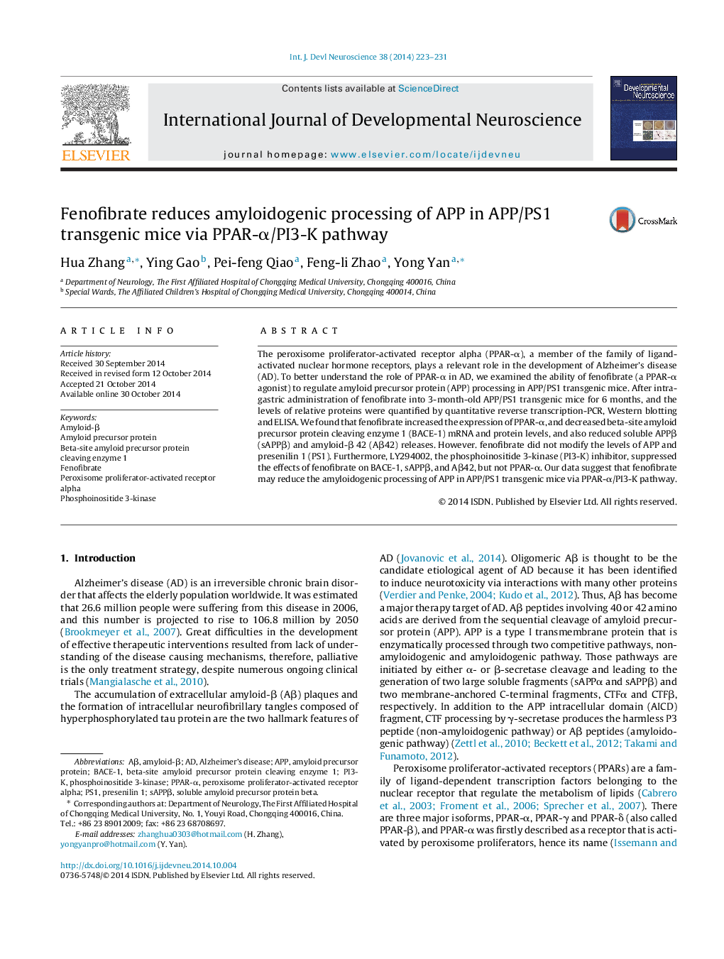 Fenofibrate reduces amyloidogenic processing of APP in APP/PS1 transgenic mice via PPAR-α/PI3-K pathway