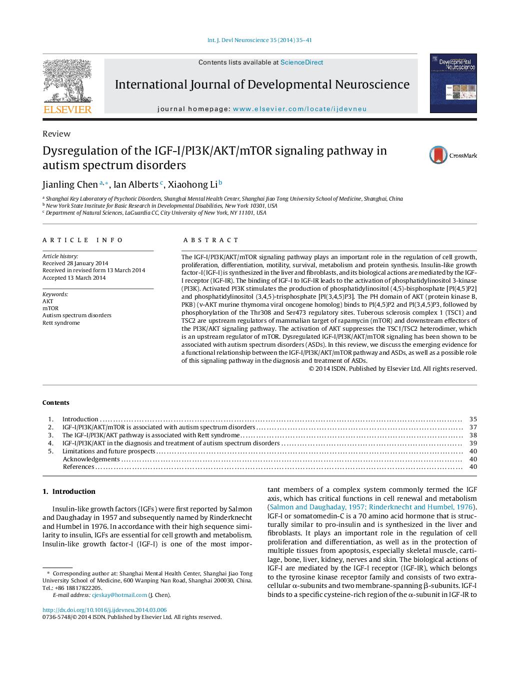 Dysregulation of the IGF-I/PI3K/AKT/mTOR signaling pathway in autism spectrum disorders