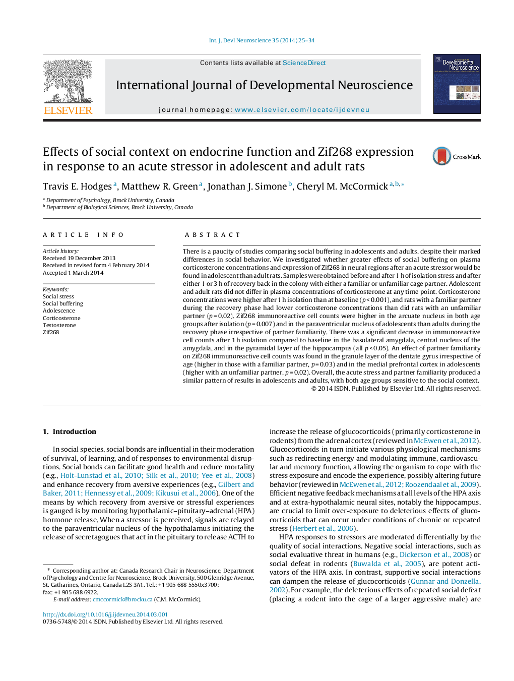 Effects of social context on endocrine function and Zif268 expression in response to an acute stressor in adolescent and adult rats