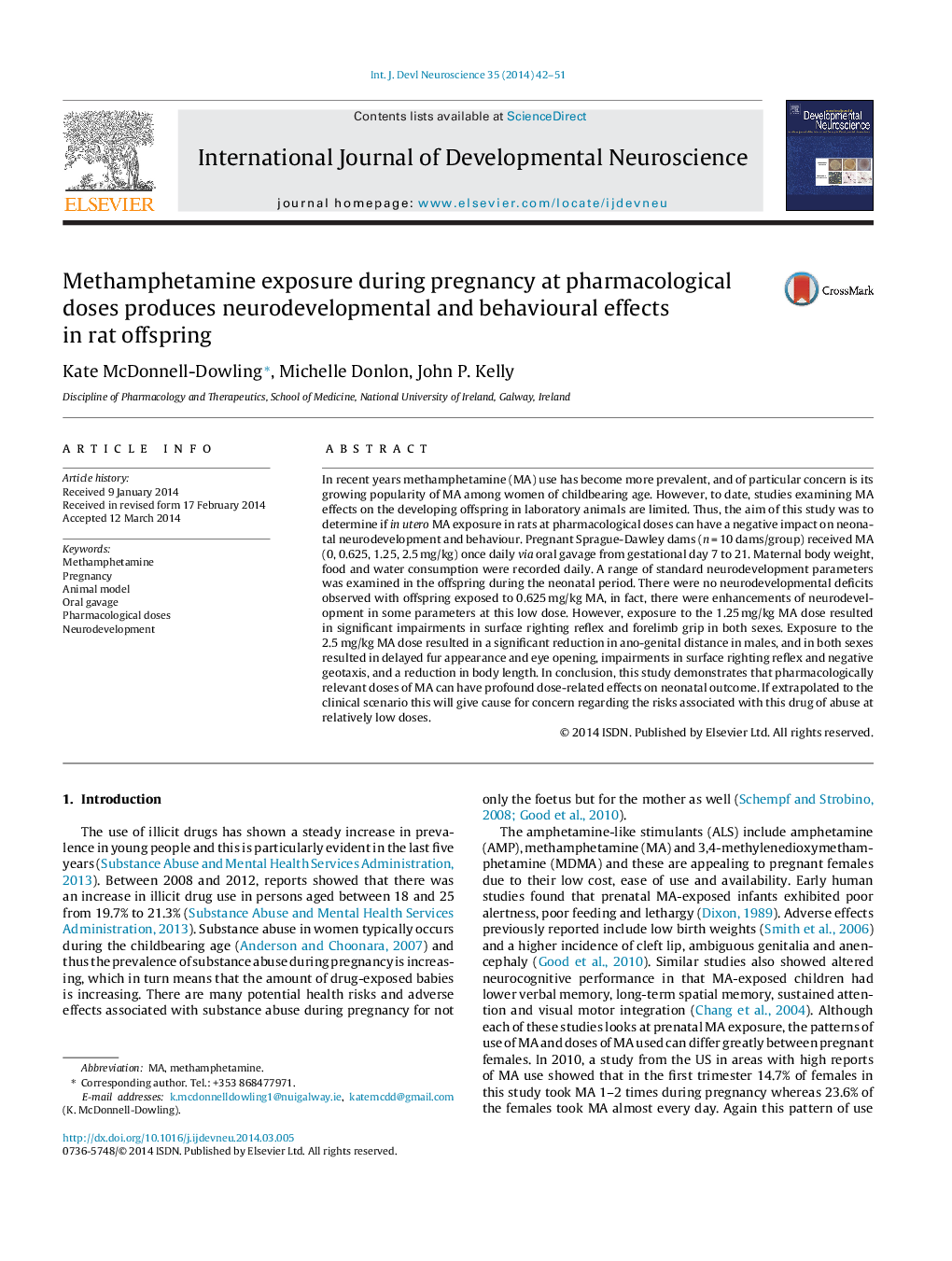 Methamphetamine exposure during pregnancy at pharmacological doses produces neurodevelopmental and behavioural effects in rat offspring