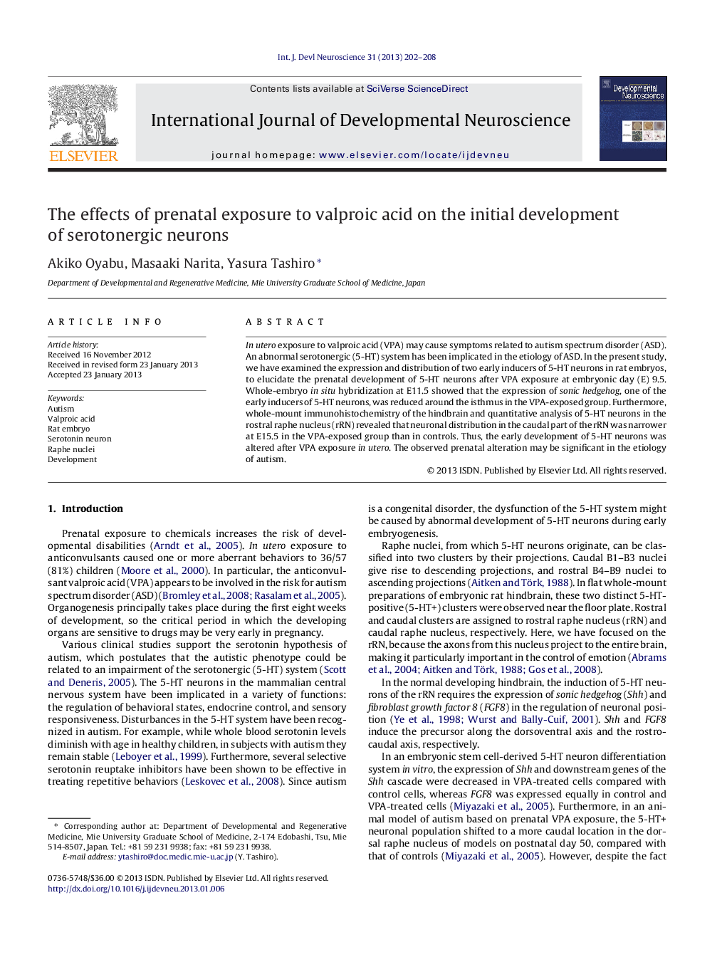 The effects of prenatal exposure to valproic acid on the initial development of serotonergic neurons