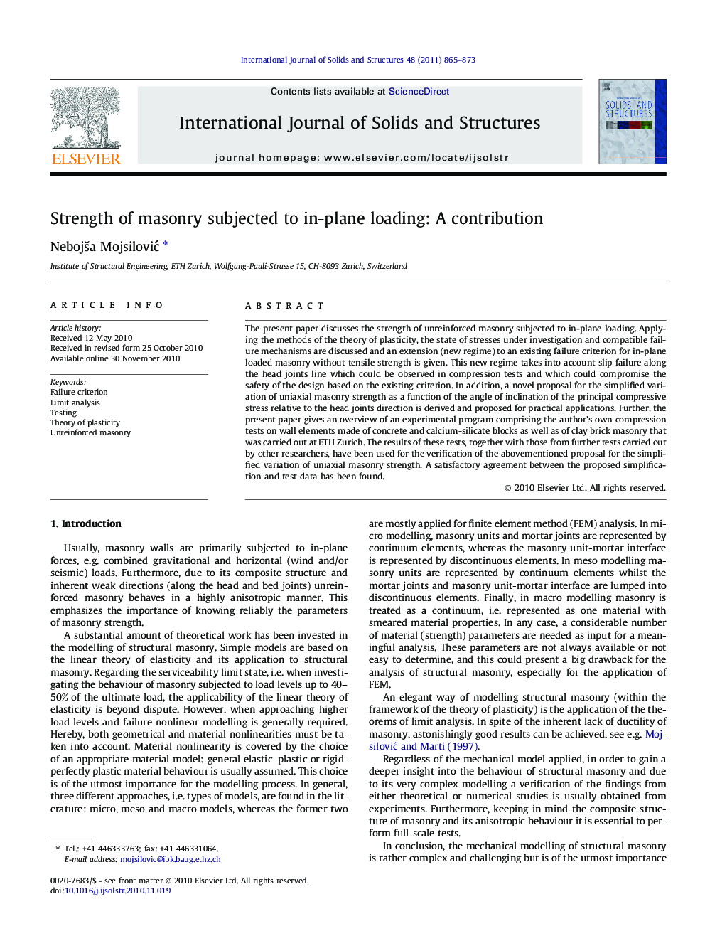 Strength of masonry subjected to in-plane loading: A contribution