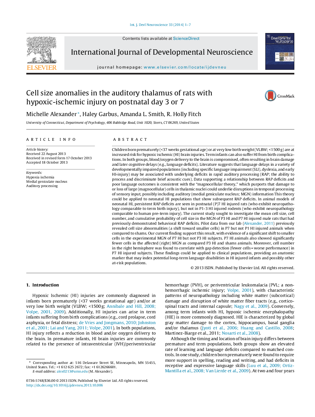 Cell size anomalies in the auditory thalamus of rats with hypoxic-ischemic injury on postnatal day 3 or 7