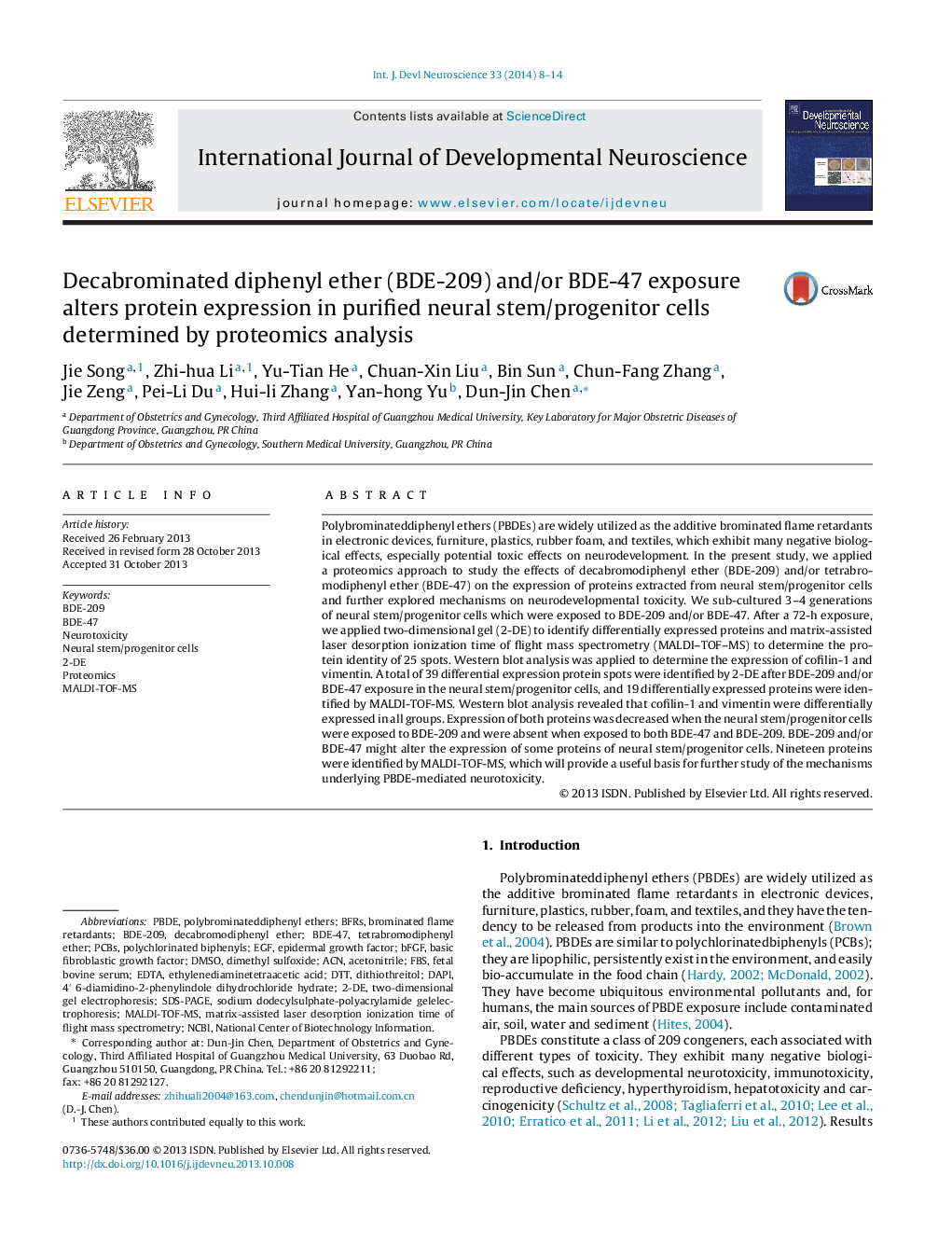 Decabrominated diphenyl ether (BDE-209) and/or BDE-47 exposure alters protein expression in purified neural stem/progenitor cells determined by proteomics analysis