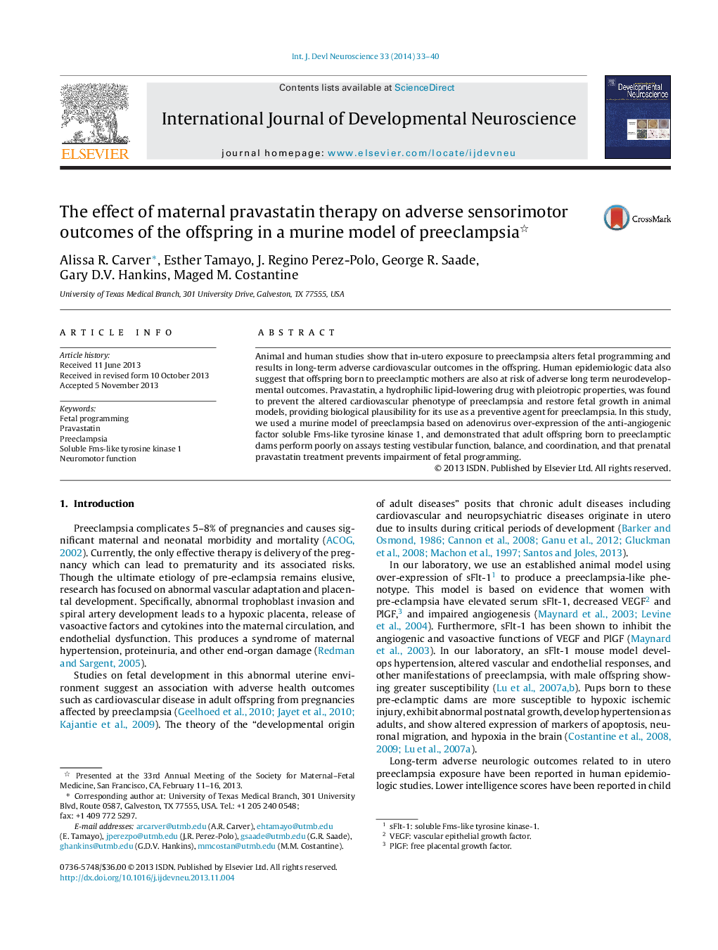 The effect of maternal pravastatin therapy on adverse sensorimotor outcomes of the offspring in a murine model of preeclampsia 