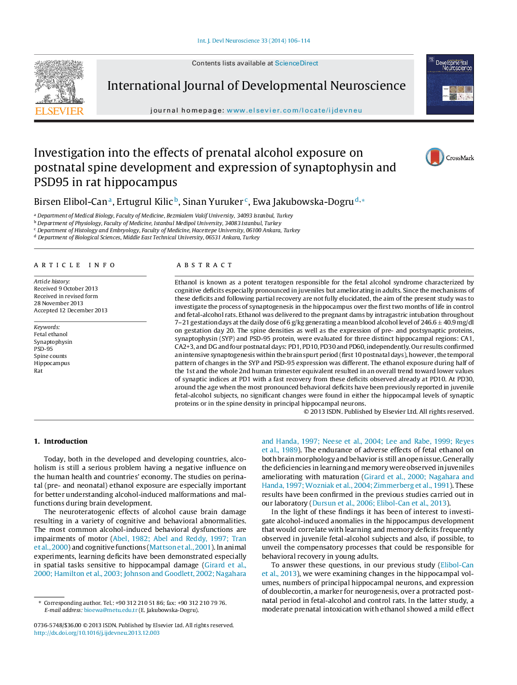 Investigation into the effects of prenatal alcohol exposure on postnatal spine development and expression of synaptophysin and PSD95 in rat hippocampus