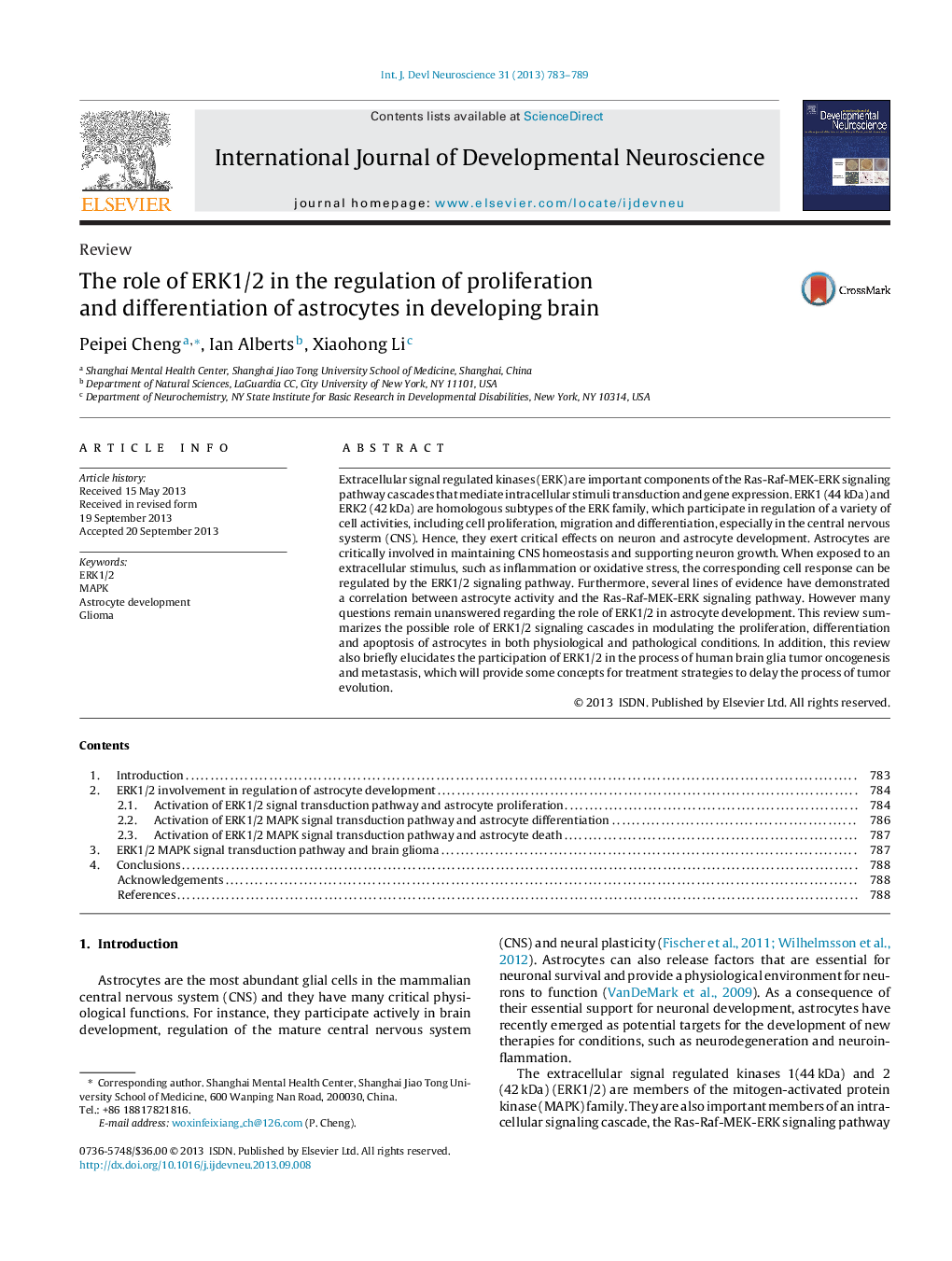 The role of ERK1/2 in the regulation of proliferation and differentiation of astrocytes in developing brain